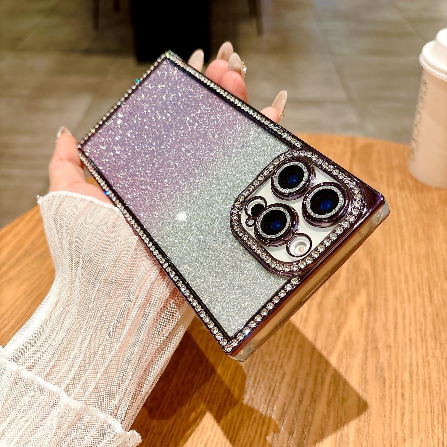 Glitter Rhinestone Clear TPU Square Phone Case with Len Protector For iPhone 16ProMax 15 14 13 Transparent Bumper Shockproof Soft Full Cover