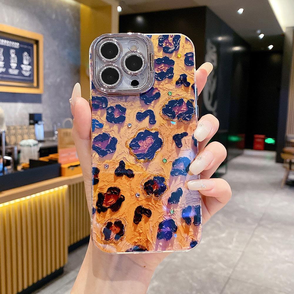 For iPhone 16ProMax 16 15 14 13 12 11 Phone Case with Diamond Camera Kickstand, Rich Girl Women Leopard Print Rainbow Castle, Oil Painting Camera Frame Anti-drop Hard Shockproof Full Cover