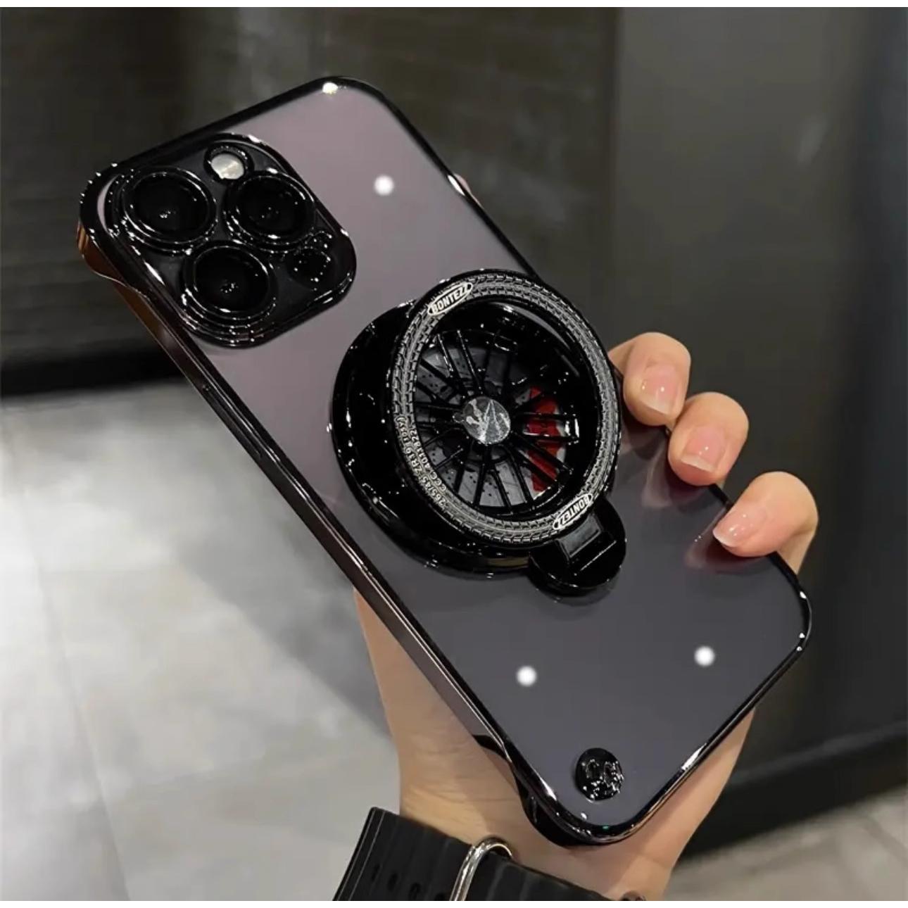 Ultra Slim Frameless Plating PC with Len Protector Phone Case with Metal Magnetic Gyro Rotating Kickstand For iPhone 16ProMax 15 14 13 12 Shockproof Support Wireless Charging Hard Full Cover