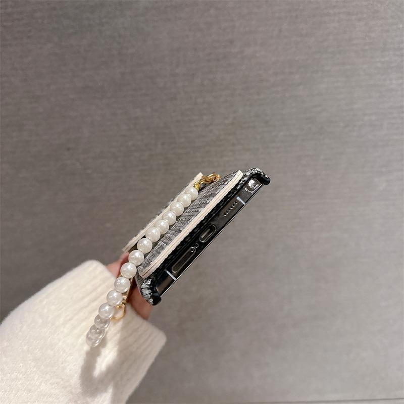 For Samsung S25Ultra S24 S23 S22 Case With Pearl Wristband, Gradient Woven Pattern Fabrics Wallet Shockproof Card Slot Hard Full Cover