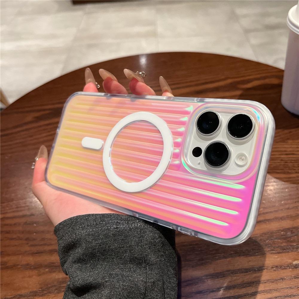 Transparent Gradient Corrugated Grille Suitcase Strong Magnetic Hard Polycarbonate Shockproof Phone Case with Bumper Strip for iPhone 16ProMax 16 15 14 13 Matte Frozen Fog Full Cover