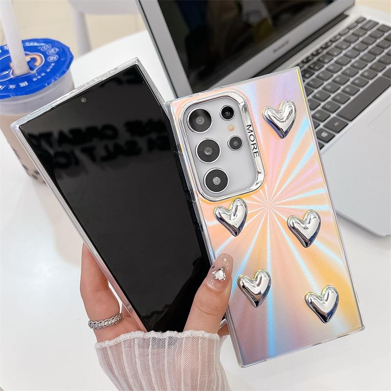 For Samsung S25 S24 S23 S22 A15 A25 A35 A54 A55 Phone Case, Electroplating Laser Love Heart Pattern Acrylic Slim, Camera Protection Non-Yellowing Hard Cover