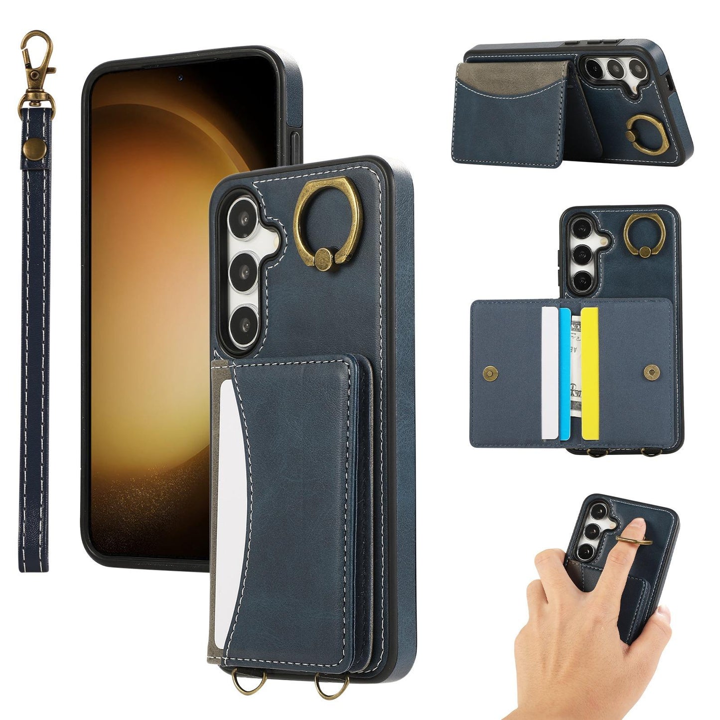 For Samsung S25Ultra S24 S23 S22 A16 A15 A35 A55 Leather Phone Case with Double Folding Wallet Wristband, Anti-Fall Card Slot Kickstand Shockproof Business Hard Full Cover