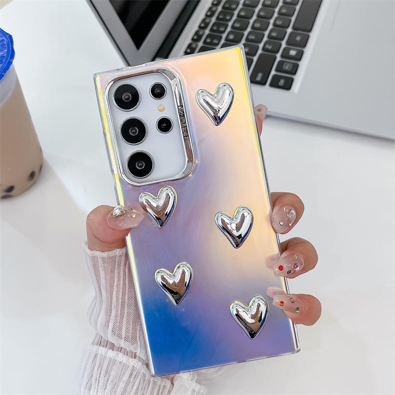 For Samsung S25 S24 S23 S22 A15 A25 A35 A54 A55 Phone Case, Electroplating Laser Love Heart Pattern Acrylic Slim, Camera Protection Non-Yellowing Hard Cover