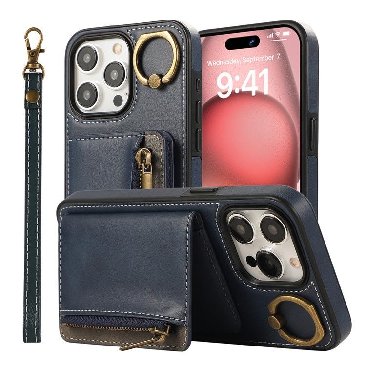 For iPhone 16ProMax 16 15 14 13 12 Leather Phone Case with Double Folding Wallet Wristband, Anti-Fall Card Bag Kickstand Shockproof Business Hard Full Cover