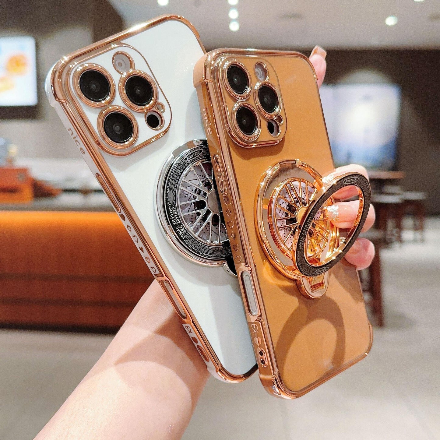 Plating Love Heart TPU Phone Case with Metal Magnetic Gyro Rotating Kickstand For iPhone 16ProMax 15 14 13 12 Shockproof Support Wireless Charging Soft Full Cover