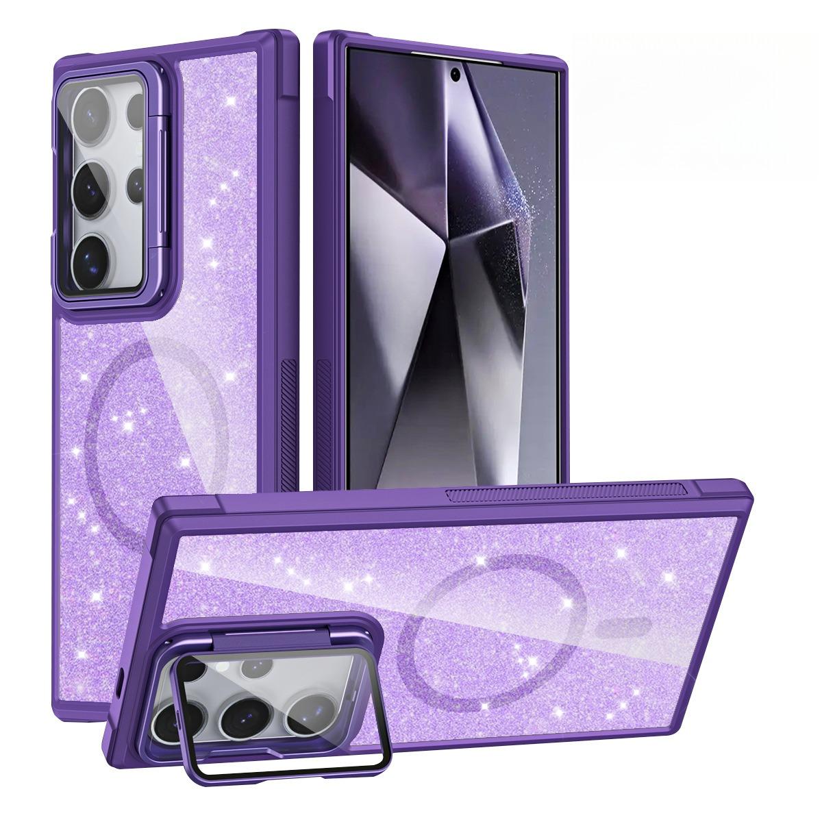 For Samsung S25Ultra S25 S24 S23 S21FE S20FE Strong Magnetic Phone Case, Glass Camera Kickstand Protection, Glitter Clear Acrylic Four Corner Shockproof Bumper Hand Feel Hard Full Cover