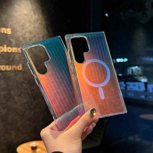Gradient Laser Glitter Strong Magnetic HD Transparent PC Slim Phone Case For Samsung S25Ultra S25 S24 S23 Shockproof Hard Full Cover