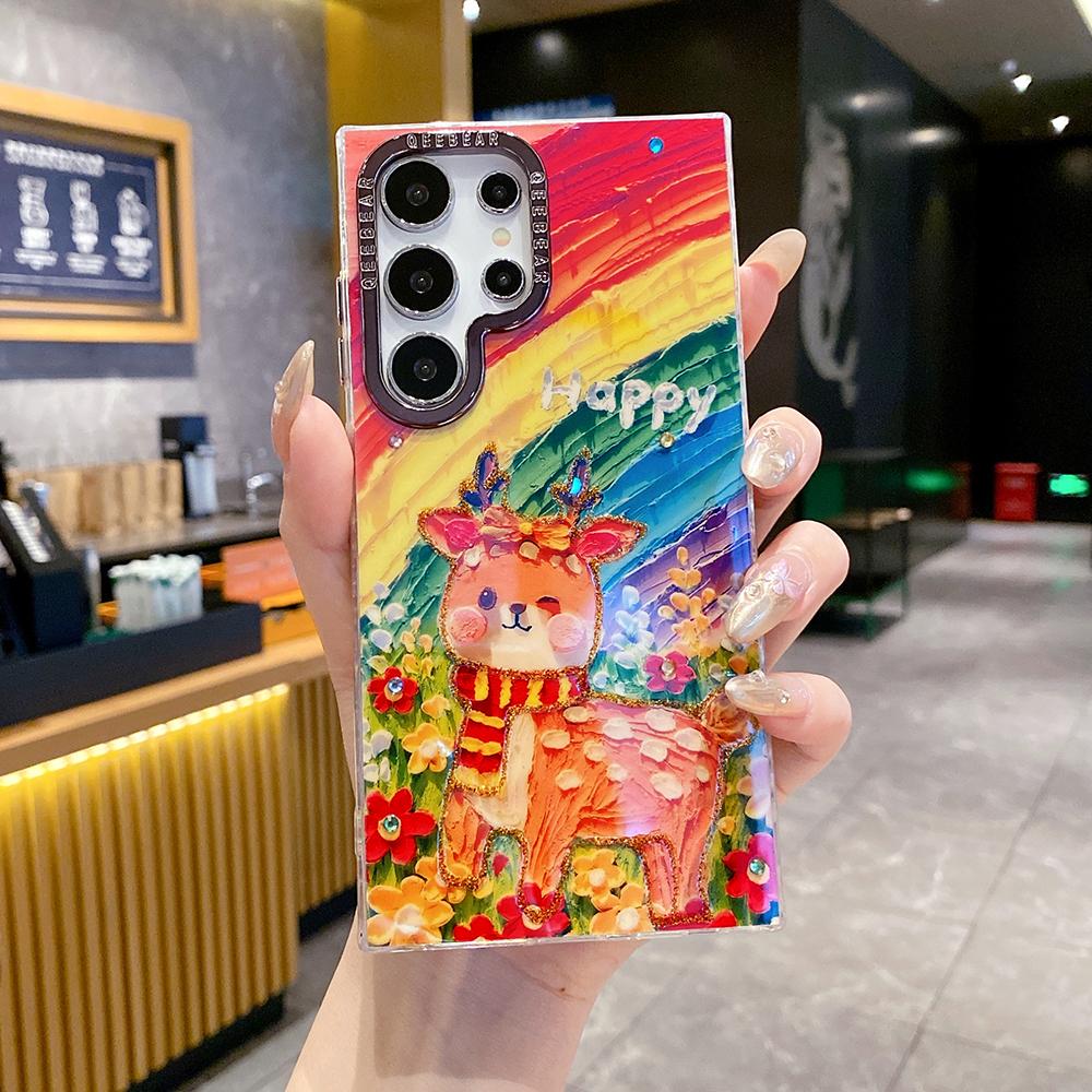 For Samsung S25 S24 S23 S22 A35 A36 A26 A54 A55 A56 Phone Case, Rich Girl Women Nabobess Leopard Print Rainbow Deer Balloon Puppy, Oil Painting Camera Frame Anti-drop Hard Shockproof Full Cover