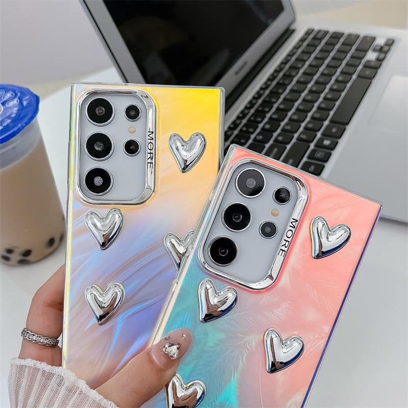 For Samsung S25 S24 S23 S22 A15 A25 A35 A54 A55 Phone Case, Electroplating Laser Love Heart Pattern Acrylic Slim, Camera Protection Non-Yellowing Hard Cover