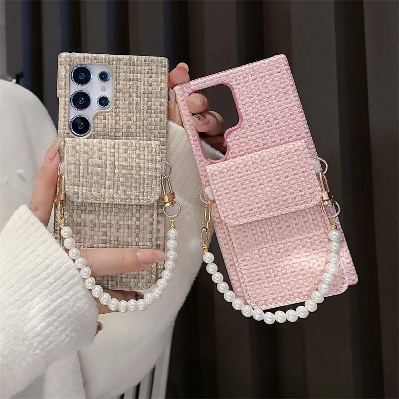For Samsung S25Ultra S24 S23 S22 Case With Pearl Wristband, Gradient Woven Pattern Fabrics Wallet Shockproof Card Slot Hard Full Cover