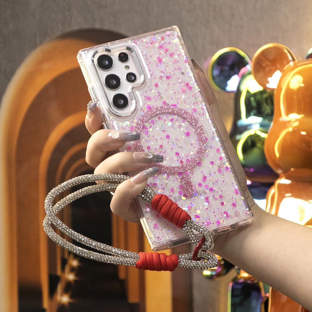 Glitter Glitter Transparent Strong Magnetic Phone Case With Weave Diamond Wristband For Samsung S25Ultra S24 S23 A14 A15 A16 A24 A25 A34 A35 A54 A55 Metal Frame Shockproof Acrylic Hard Cover