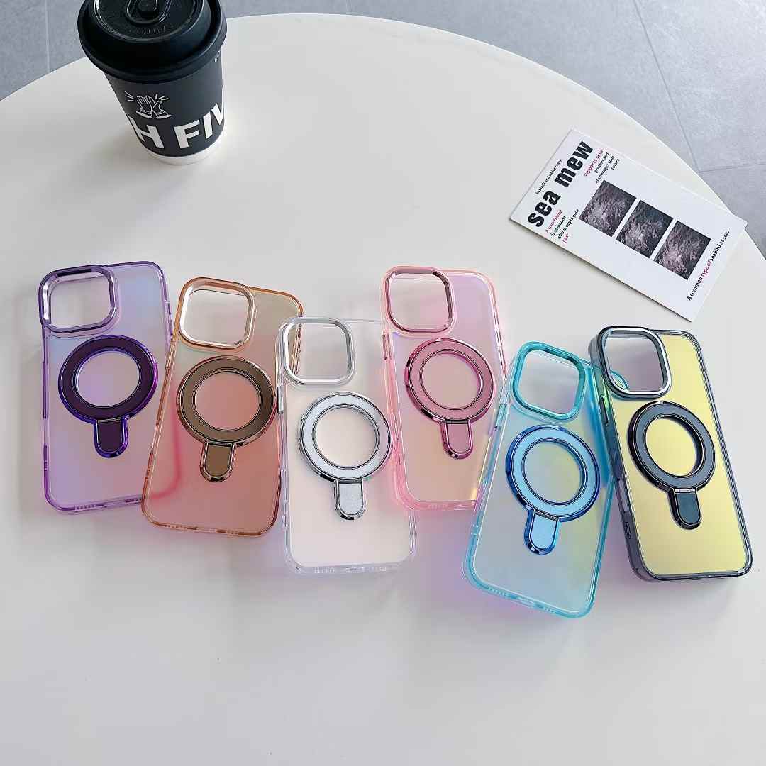 Strong Magnetic Kickstand Laser Gradient Chameleon For Magsafe Phone Case For iPhone 16 15 14 13 12 11 Pro Max Plus Metal Frame Acrylic Shockproof Hard Cover