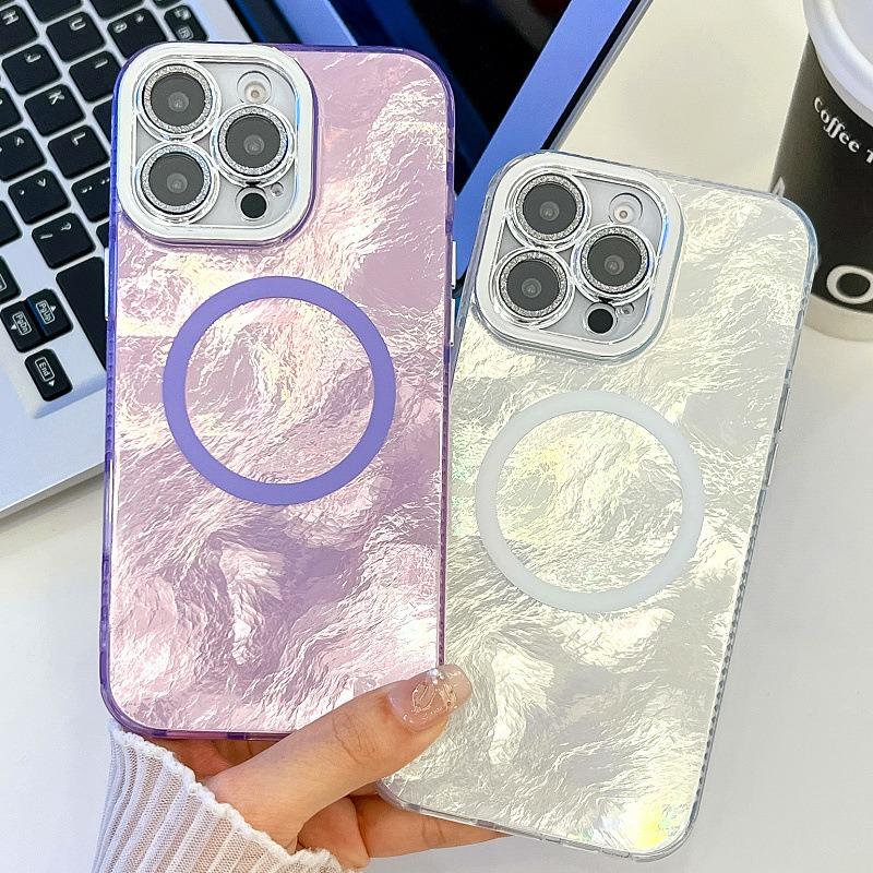 For iPhone 16ProMax 16 15 14 13 Phone Case, Electroplating Magnetic Laser Flow Silk Pattern Acrylic Slim With Glitter Len Protector, Protection Non-Yellowing Hard Cover