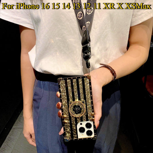 Luxury Glitter Dazzling Phantom Flower Case For iPhone 16 15 14 13 12 11 Plus Pro Max Fashion Bracket Lanyard Square Case Back Cover