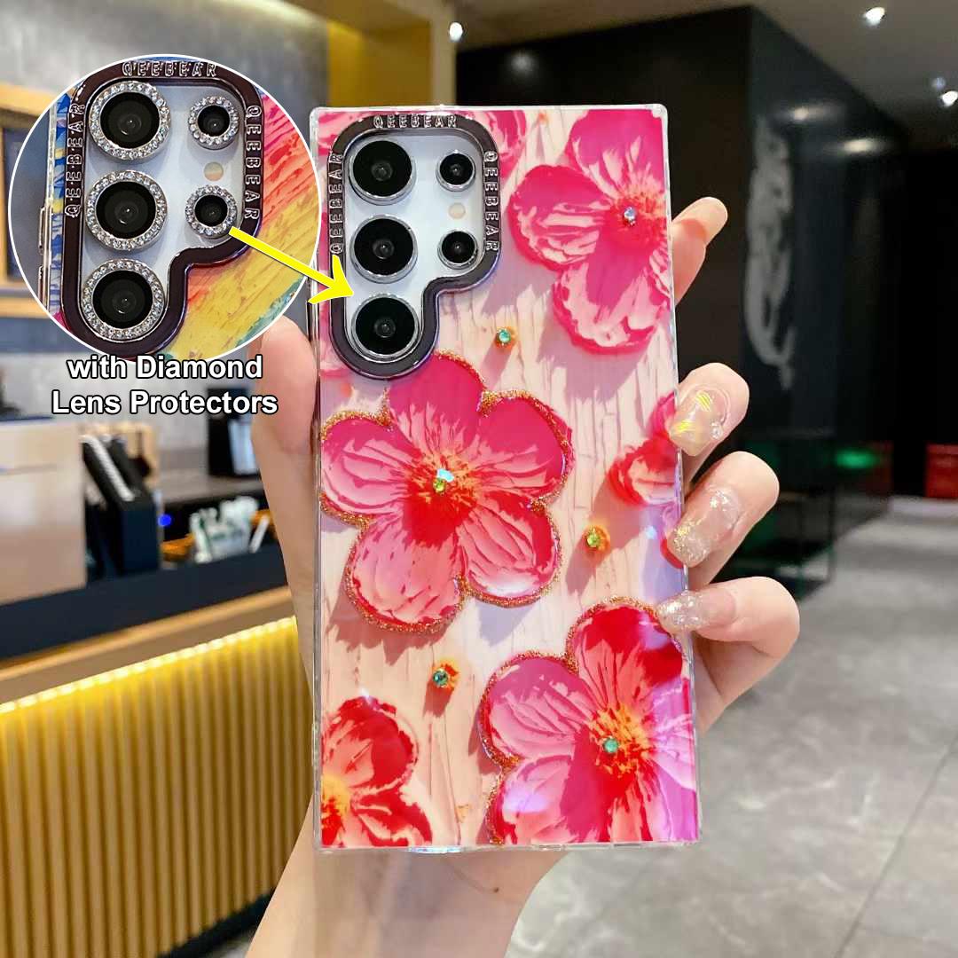 For Samsung S25 S24 S23 S22 Phone Case with Diamond Lens Protectors, Luxury Panda Leopard Rainbow Butterfly Elephant Oil Painting Metal Camera Frame Anti-drop Hard Shockproof Full Cover