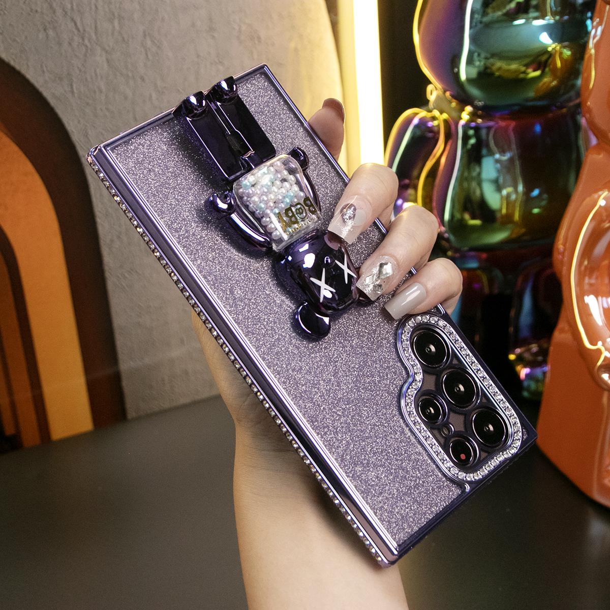 For Samsung S25Ultra S25 S24 S23 S22 Plus Ultra Case, Clear Rhinestone Candy Bear Kickstand, Glitter Luxury Elegant Plating Case Camera Protection Shockproof Soft Cover