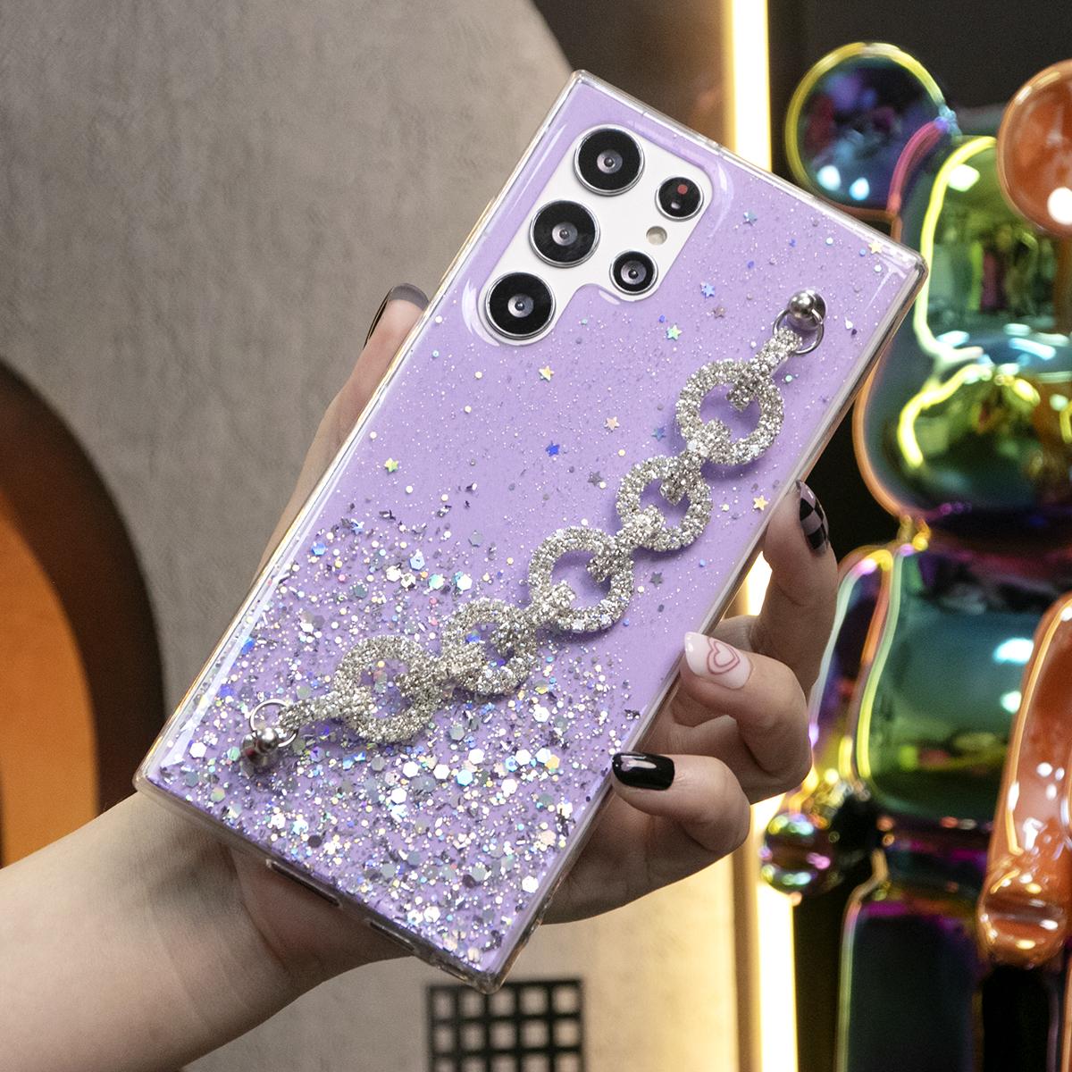 Glitter Star Sequin With Diamond Chain Phone Case For Samsung S25 S24 S23 S22 S21 Note20 A15 A25 A35 A55 Clear Soft TPU Back Cover