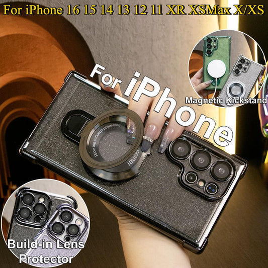 Luxury Glitter Plating Four Corners Shockproof Clear Phone Case With Magnetic Kickstand For iPhone 16 15 14 13 12 11 XR XSMax X/XS Hard Acrylic Hybrid Bumper Hard Full Cover