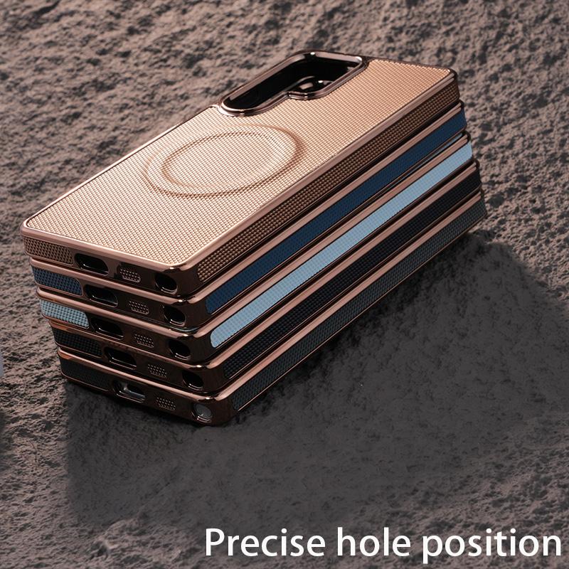 For Samsung S25Ultra S24 S23 S22 Plus FE Phone Case, Plating Antislip Matte Luxury Leather Emboss Strong Magnetic Slim Protection Shockproof Hard Full Cover