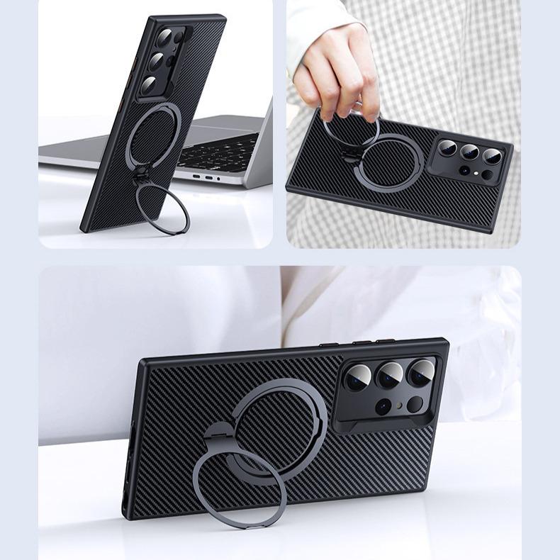 Double Ring Carbon Fiber Pattern Slim PC Strong Magnetic Phone Case with 360 Rotating Metal Kickstand For Samsung S25Ultra S25+ S25 S24 S23 Skin Feel Bumper Shockproof Hard Full Cover