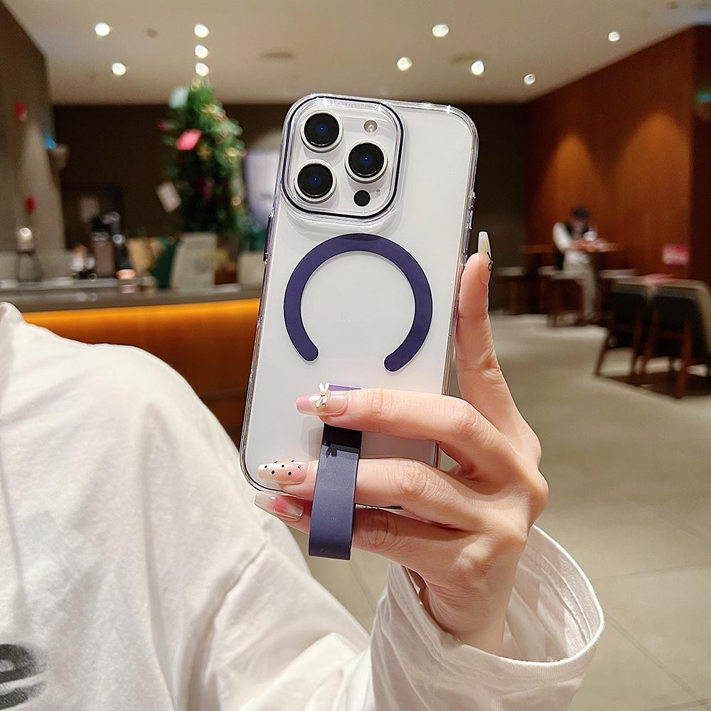 Colorful Crystal High Definition Clear C Pattern Magnetic Phone Case with Silicone Wristband For iPhone 16ProMax 16 15 14 13 Pro Max Plus Transparent HD Len Protection Hard Full Cover