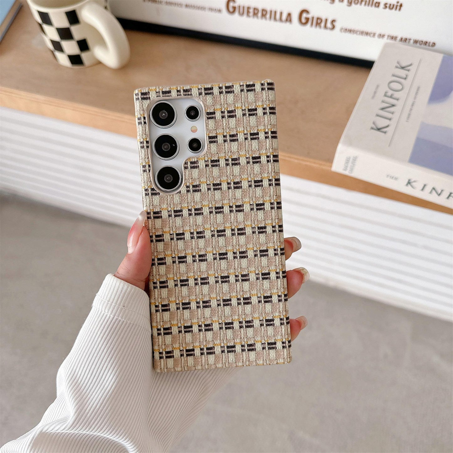For Samsung S25Ultra S24 S23 S22 Phone Case, Simple Gradient Grid Mosaic Woven Pattern Fabrics Shockproof Hard Full Cover