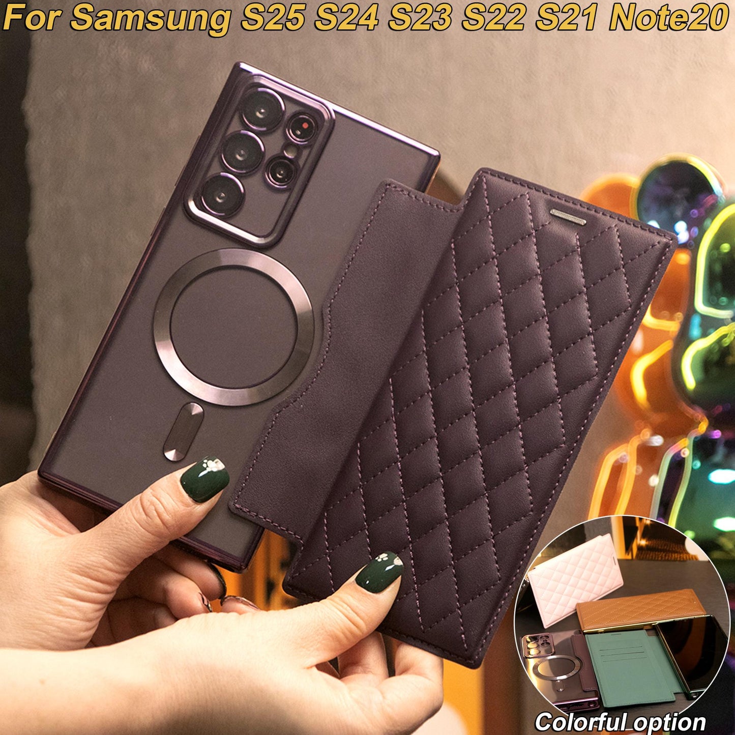 Strong Magnetic Suction Flip Leather Phone Case For Samsung S25Ultra S25 S24 S23 S22 Ultra Plus A15 A16 A35 A55 A05 Case High Leather Card Slot Equipped With Lens Protector Case