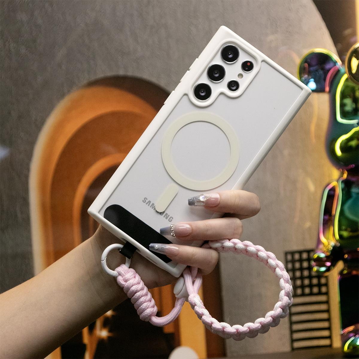 Transparent Magnetic Shockproof Hard Phone Case With Hand Woven Wristband For Samsung Galaxy S25 S25Plus S25Ultra S24 S24FE S24Plus S24Ultra Silicone Candy Color Edges Clear Acrylic Cover