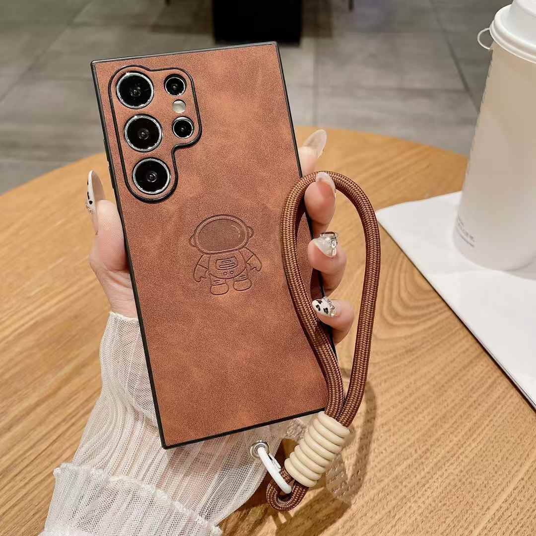 For Samsung S25Ultra S25Edge S24 S23 S22 S21 Note20 A16 A26 A36 A55 A56 Case With Weave Wristband, Astronaut Pattern Matte Suede Leather Shockproof Hard Phone Case