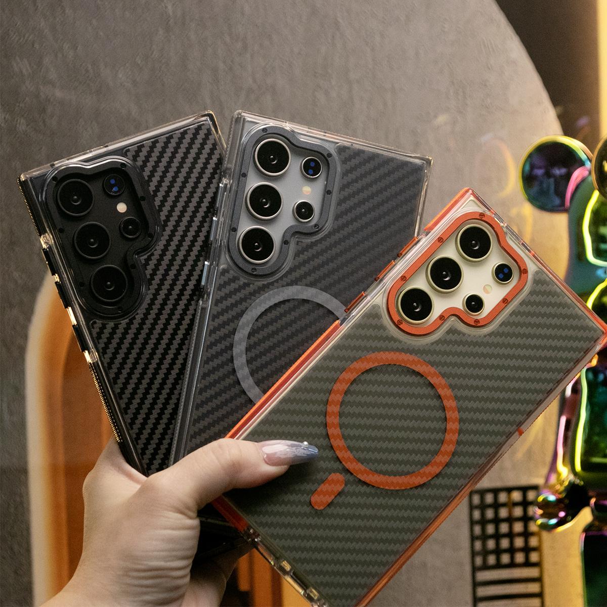 Strong Magnetic Carbon Fiber Phone Case, Metal Hardware Camera Protective Acrylic, Shockproof Anti-Fall Bumper For Samsung S25Ultra S25 S24 S23 S21FE A14 A15 A24 A25 A35 A54 A55 A05