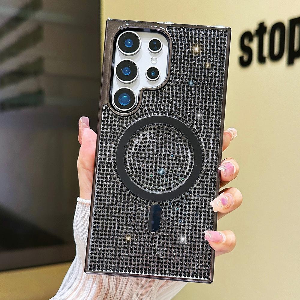 Luxury Glitter Rhinestone Plating Diamonds Magnetic Wireless Charging Phone Case For Samsung S25 S24 S23 Shockproof Protection Soft Bumper Cover