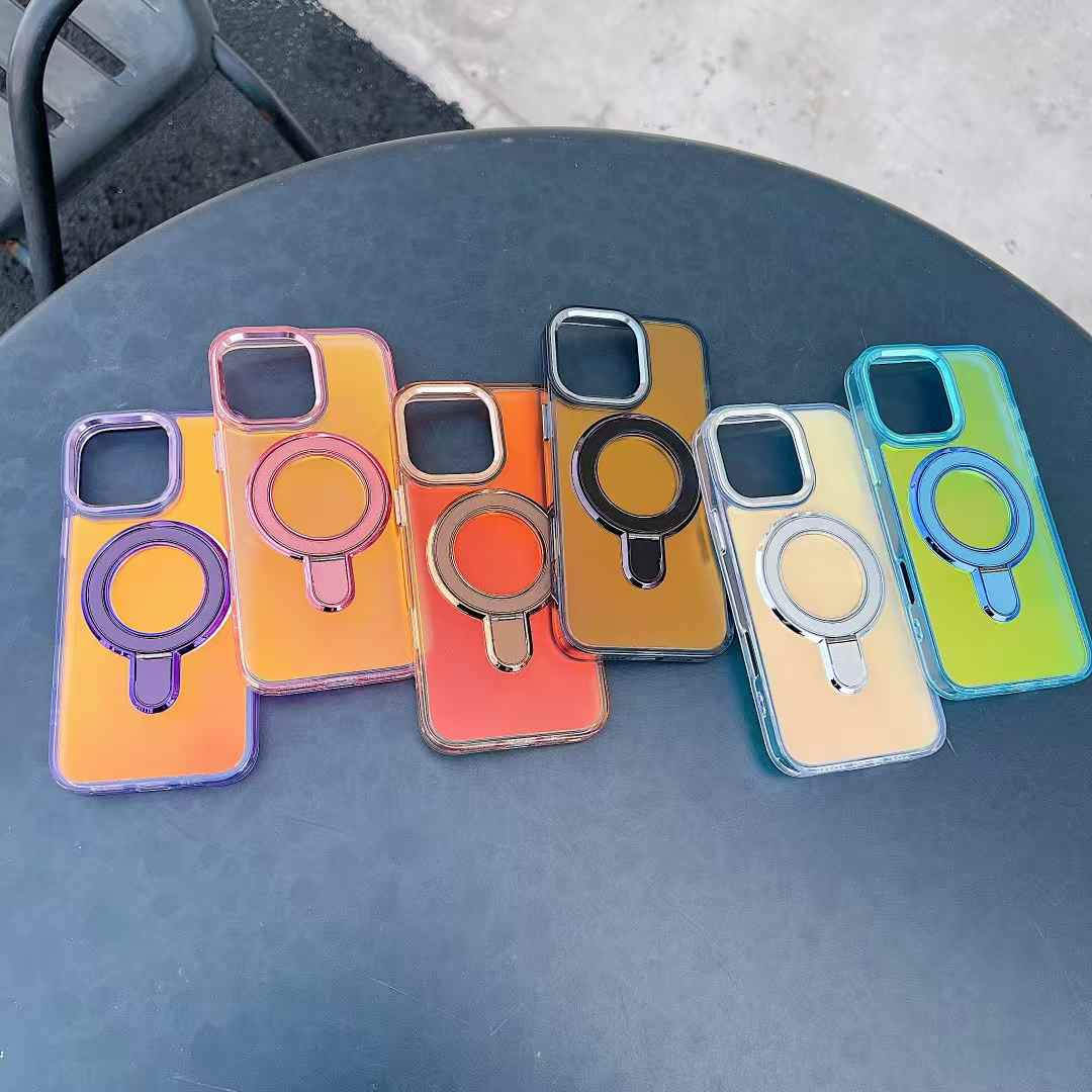 Strong Magnetic Kickstand Laser Gradient Chameleon For Magsafe Phone Case For iPhone 16 15 14 13 12 11 Pro Max Plus Metal Frame Acrylic Shockproof Hard Cover