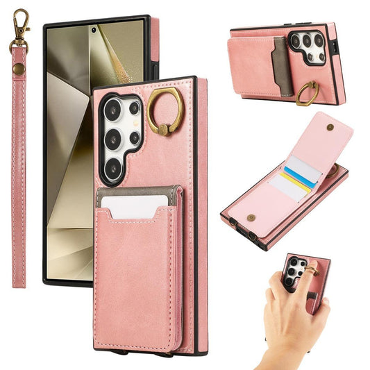 For Samsung S25Ultra S24 S23 S22 A16 A15 A35 A55 Leather Phone Case with Double Folding Wallet Wristband, Anti-Fall Card Slot Ring Kickstand Shockproof Business Hard Full Cover