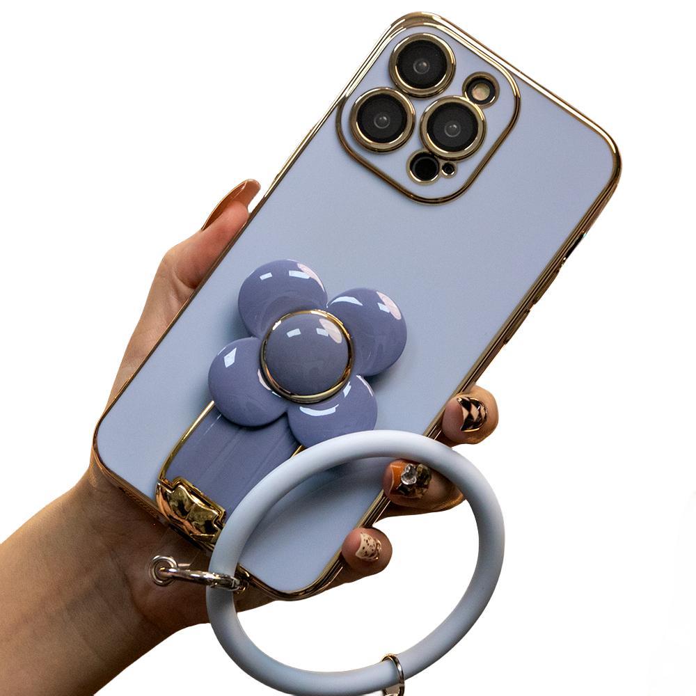 For iPhone 16 15 14 13 12 Pro Max Phone Case, Windmill Kickstand with Bracelet, Plating Electroplate Luxury Elegant Case Camera Protector Pop Stand Shockproof Soft Cover