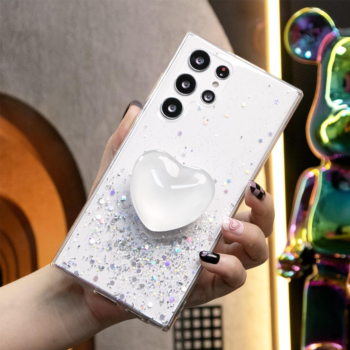 Glitter Star Sequin Crystal Love Heart Stand Phone Case For Samsung S25 S24 S23 S22 S21 Note20 A15 A25 A35 A55 Clear Soft TPU Back Cover
