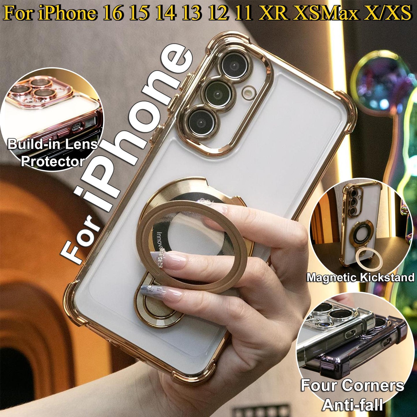 Luxury Plating Four Corners Shockproof Clear Case With Magnetic Stand For iPhone 16 15 14 13 12 11 XR XSMax X/XS Transparent Hard Acrylic Hybrid Bumper Hard Full Cover
