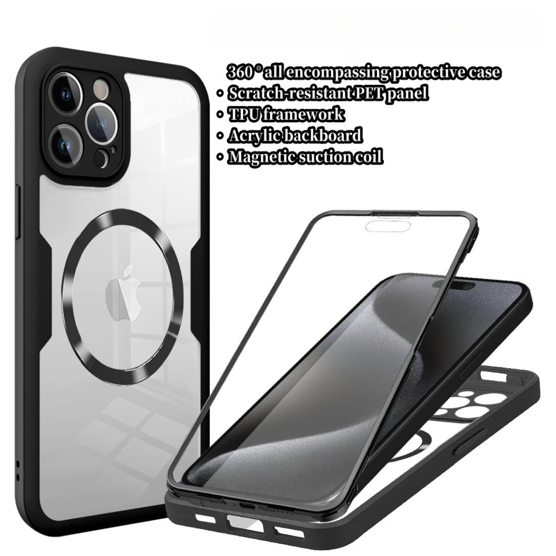 For iPhone 16E 16ProMax 16 15 14 13 Strong Magnetic Phone Case, Double Side 360 Full Protection, HD PET Screen Protector Acrylic Shockproof Hand Feel Hard Full Cover