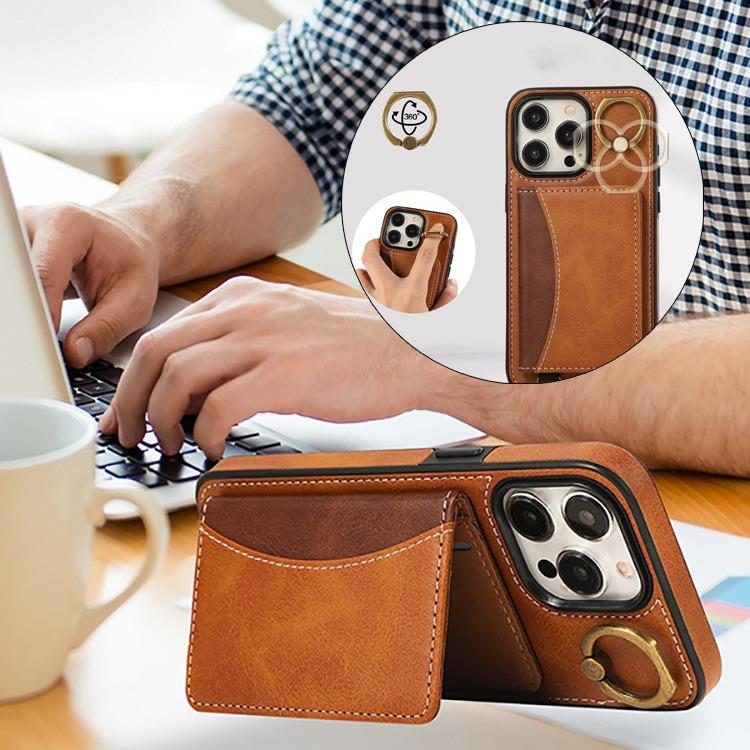 For iPhone 16ProMax 16 15 14 13 12 Leather Phone Case with Double Folding Wallet Wristband, Anti-Fall Card Slot Kickstand Shockproof Business Hard Full Cover