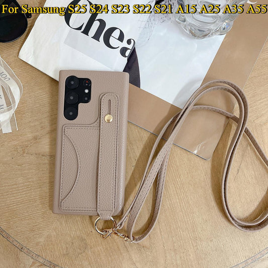 Wallet Case For Samsung S25 S24 S23 S22 S21 A15 A25 A35 A55 Card Holder Wrist Strap Lanyard Handbag Crossbody Leather Cover for Samsung A15 A25 A35 A55