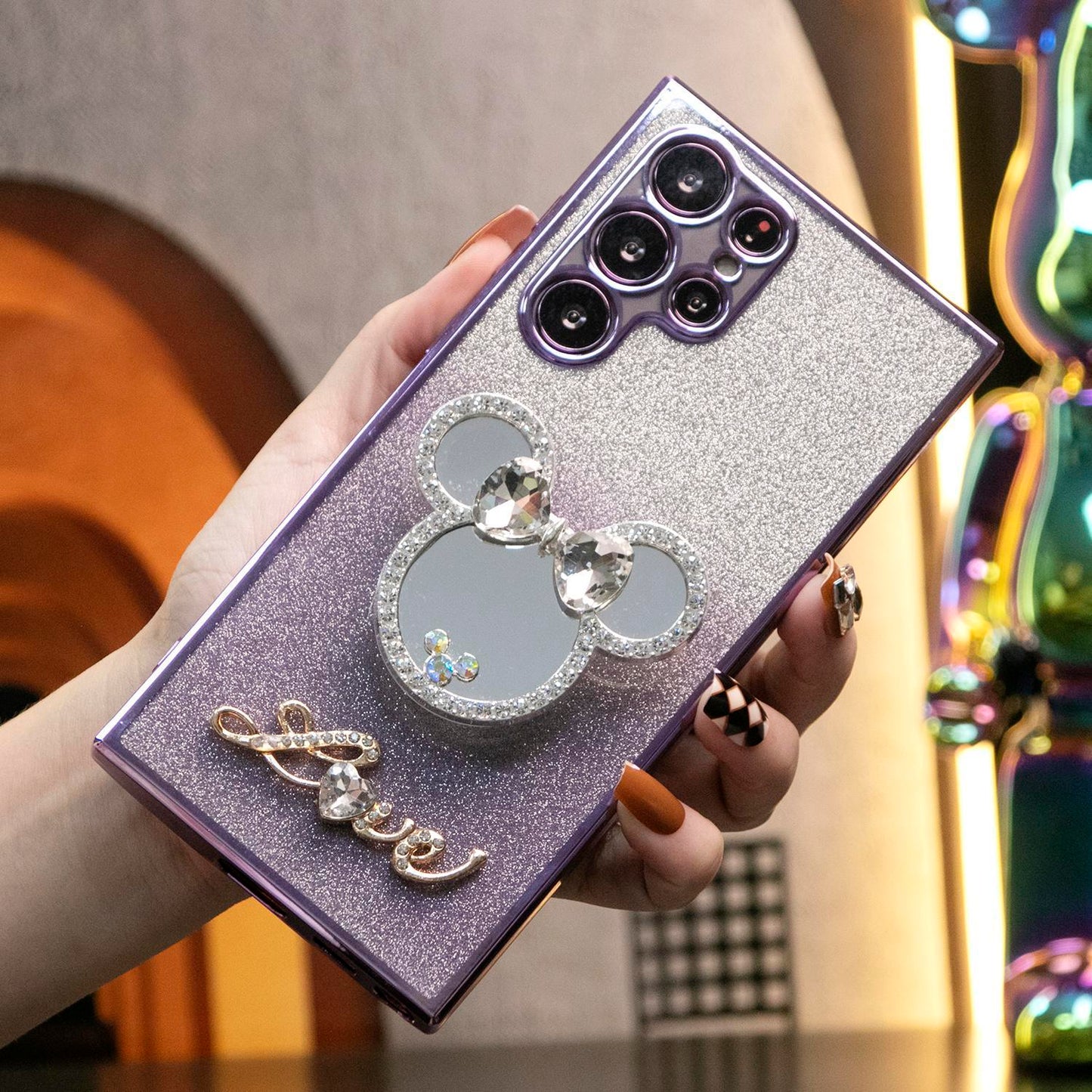 Luxury Diamond Mouse Head Mirror Kickstand Glitter Clear Gradient TPU Plating Shockproof Soft Phone Case For Samsung S25 S24 S23 S22 S21 Note20