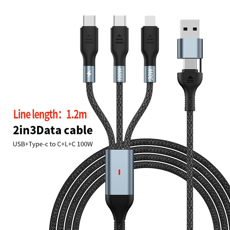 1.2m/2m 100W Super Fast Charge 2in3 Data Cable Support Laptop/Mobile Phone/Tablet USB+Type-c to C+L+C Multi-port Fast Charging Metal Head Nylon Braided Wire