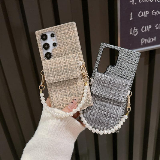 For Samsung S25Ultra S24 S23 S22 Case With Pearl Wristband, Gradient Woven Pattern Fabrics Wallet Shockproof Card Slot Hard Full Cover