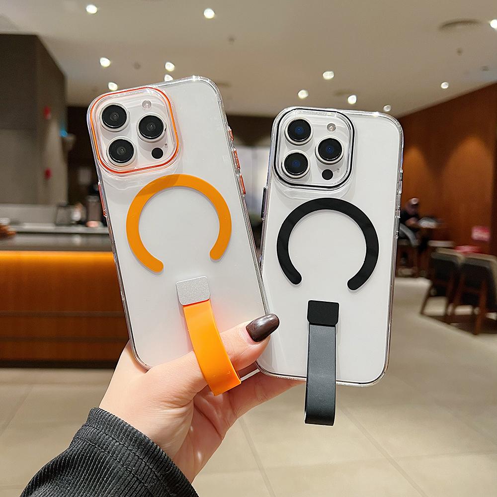 Colorful Crystal High Definition Clear C Pattern Magnetic Phone Case with Silicone Wristband For iPhone 16ProMax 16 15 14 13 Pro Max Plus Transparent HD Len Protection Hard Full Cover