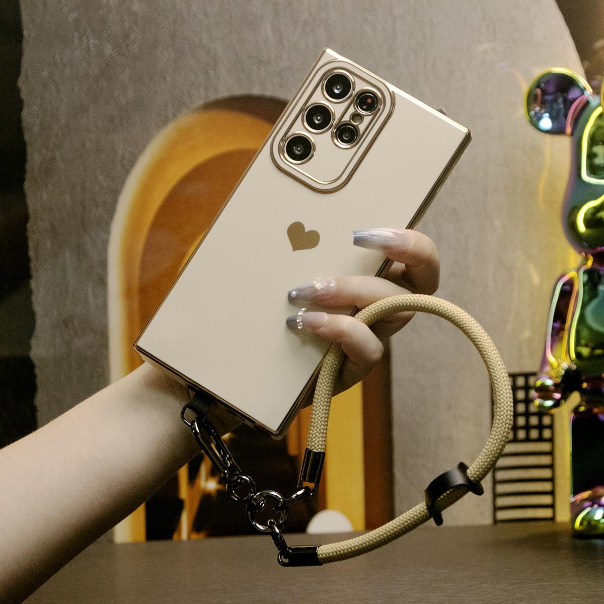 Luxury Love Heart Side Pattern Plating Basic Phone Case With Multifunctional Climbing Wristband For Samsung S25Ultra S25 S24Ultra S24FE S24 S23 S22 S21 FE Plus Ultra A15 A16 A25 A35 A55