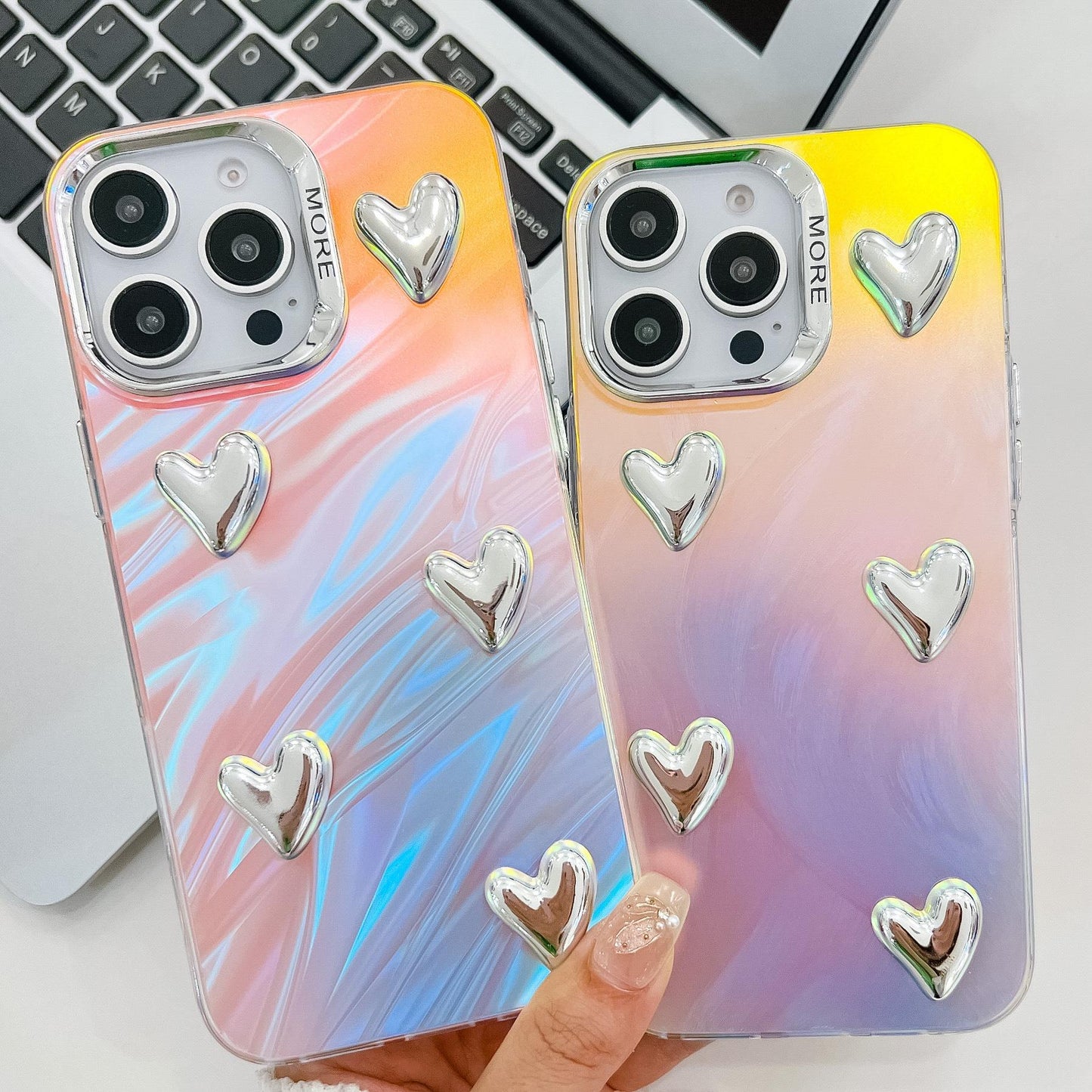 For iPhone 16ProMax 16 15 14 13 Phone Case, Electroplating Laser Love Heart Pattern Acrylic Slim, Camera Protection Non-Yellowing Hard Cover