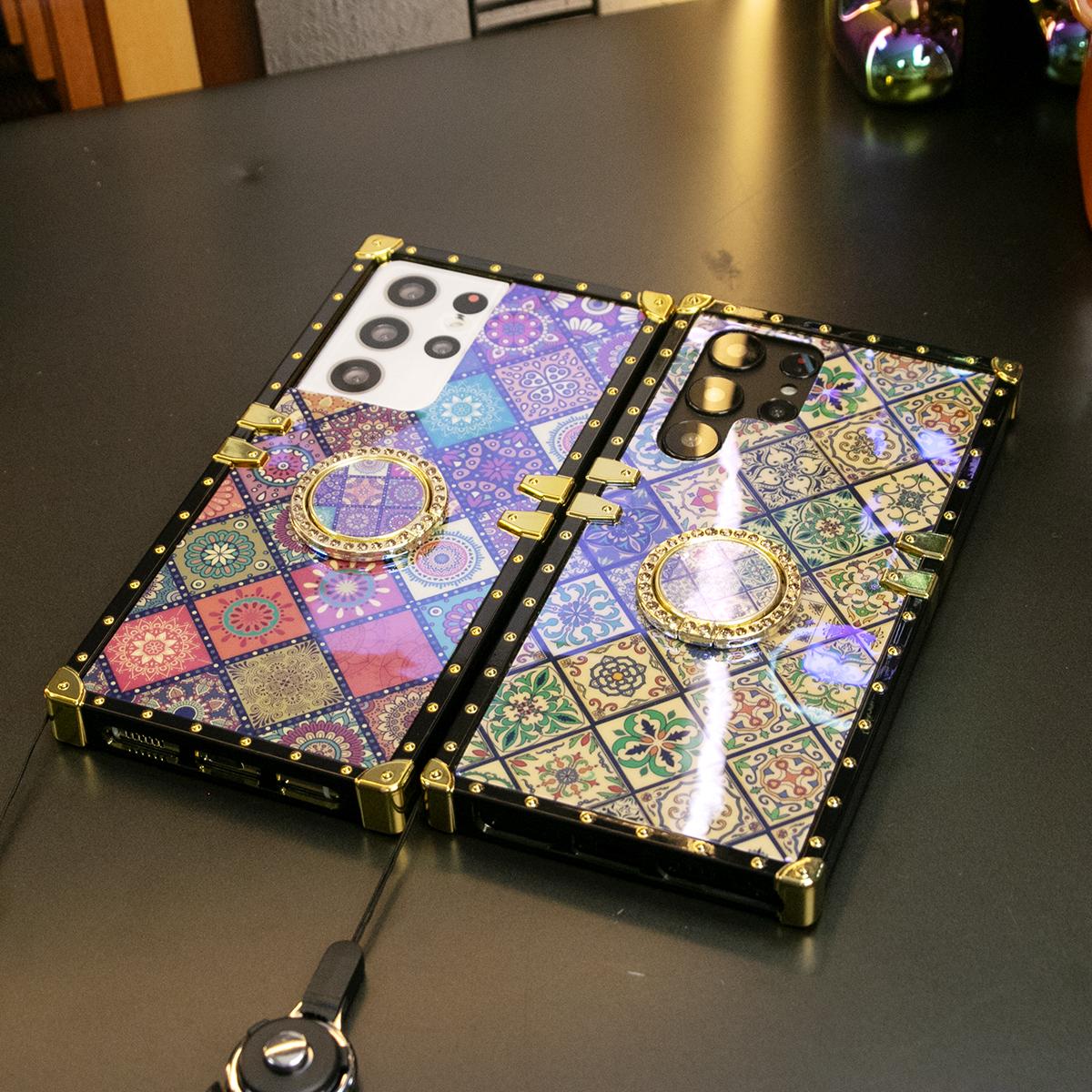 Luxury Glitter Retro Flower Pattern Cover For Samsung S25 S24 S21 S22 S23Ultra Fashion Geometric Square Case For Samsung A74 A73 A72 A71 A55 A54 A53 A52 A35 A34 A24 A25 A14 A15