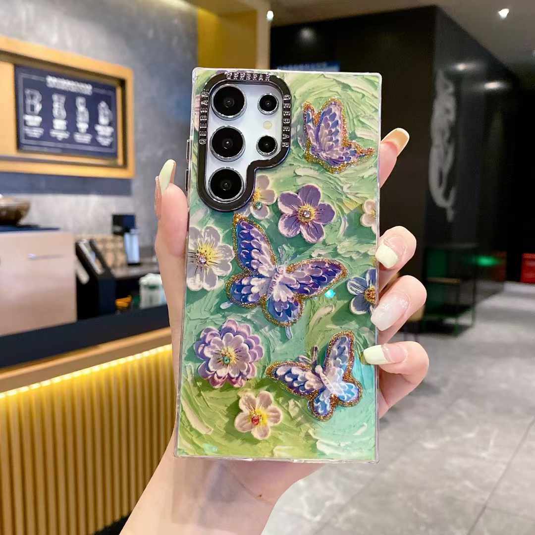 For Samsung S25 S24 S23 S22 A34 A35 A53 A54 A55 Note20Ultra Phone Case, Luxury Elegant Colorful Rainbow Butterfly Flower Oil Painting Metal Camera Frame Anti-drop Hard Shockproof Full Cover
