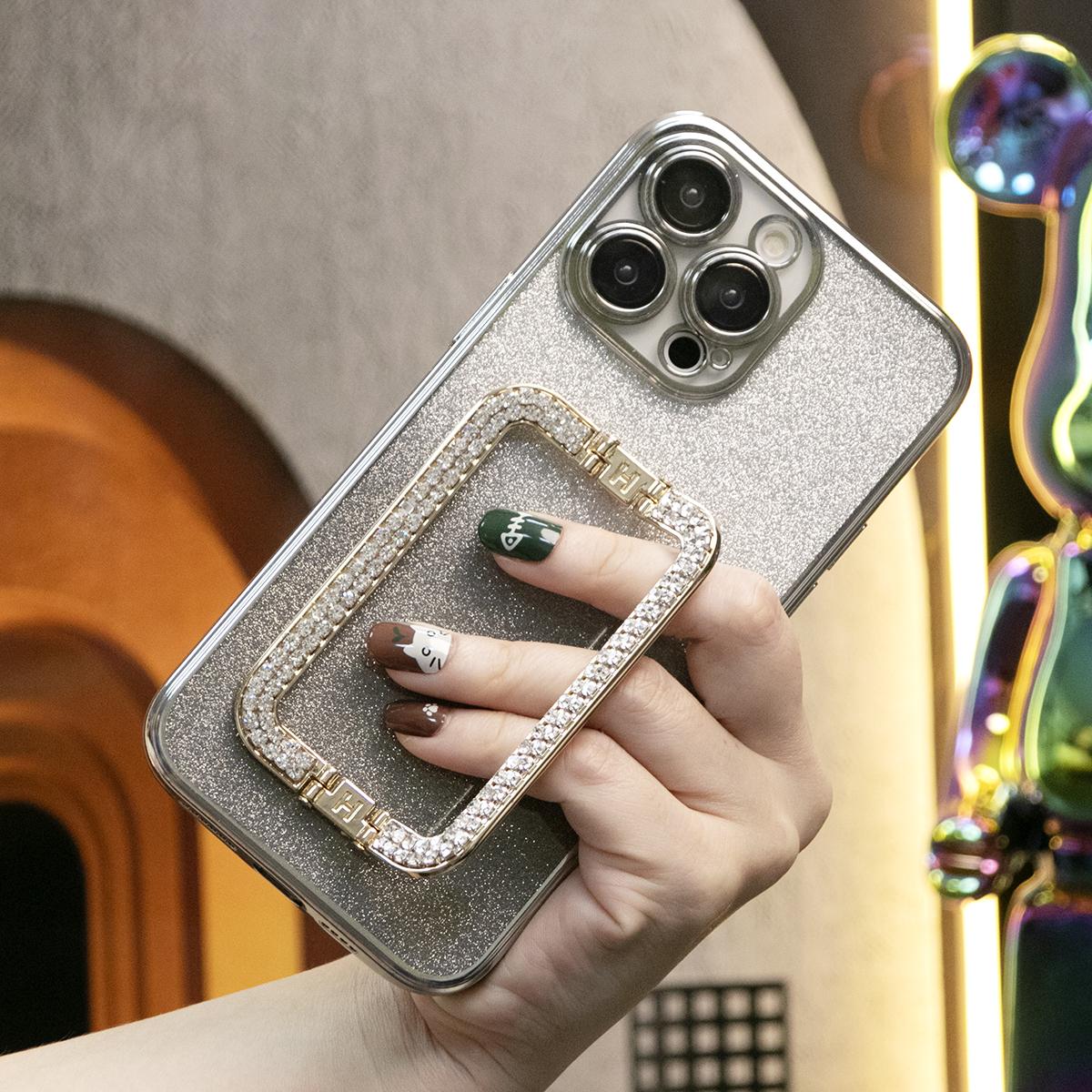 Glitter Transparent Gradient 3D Crystal Square Holder Plating Phone Case For iPhone 16 15 14 13 12 Pro Max Clear Soft TPU Back Cover