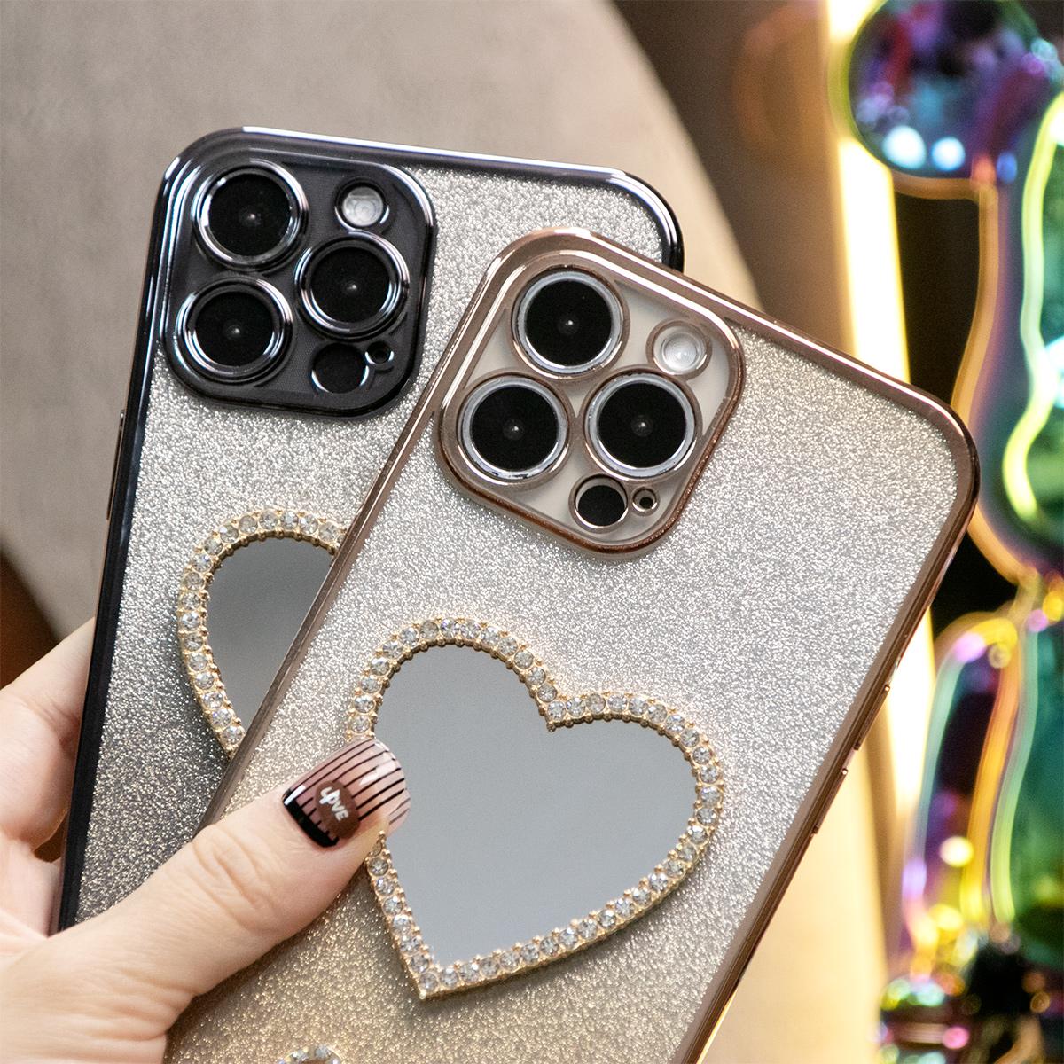 Glitter Transparent Gradient Love Heart Mirror Phone Case For iPhone 16 15 14 13 12 11 XR XSMax X/XS Clear Soft TPU Back Cover